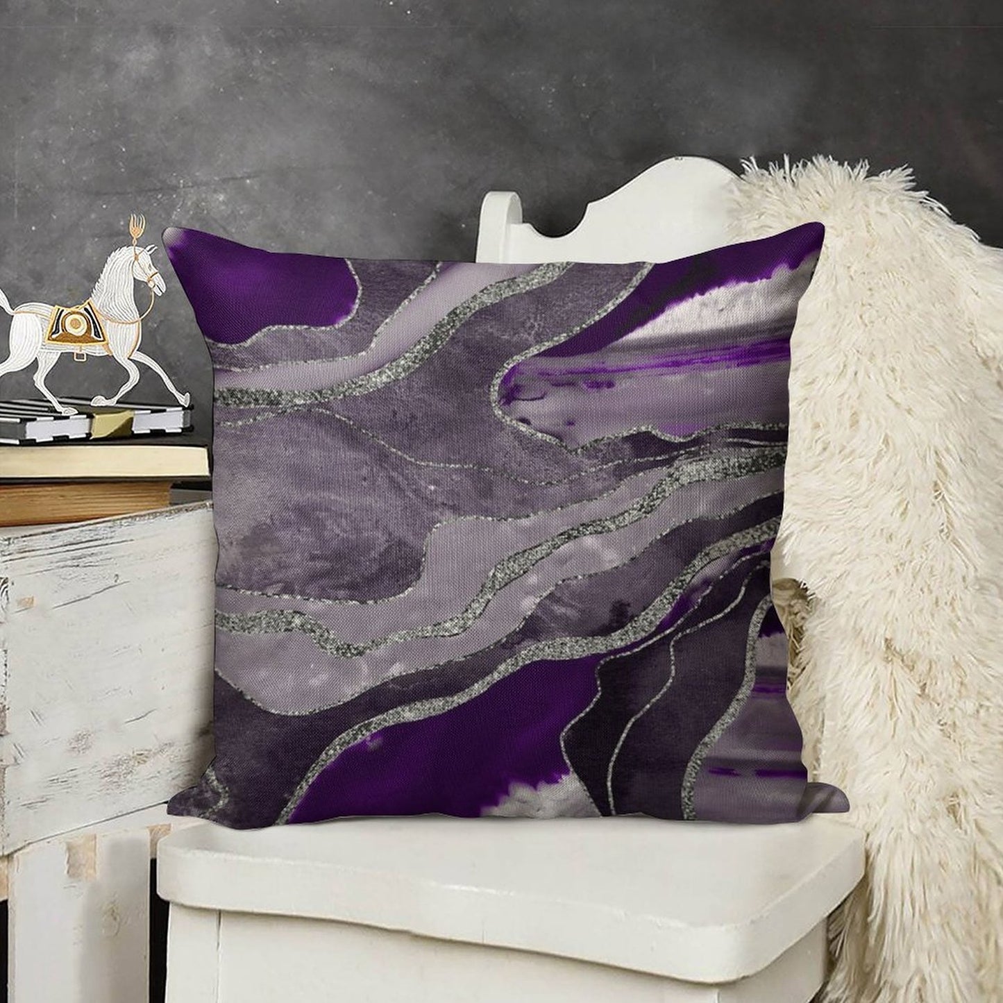 Dark Violet Marble Agate Silver Glam #1 (Photo of Glitter Only - Not Reflective) Linen Throw Pillow Cover