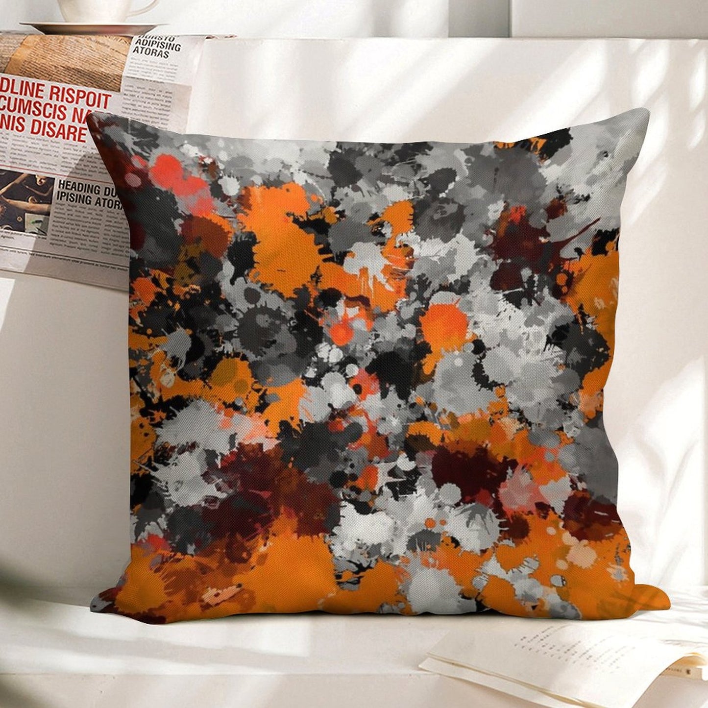 Orange And Grey Paint Splatter Linen Throw Pillow Cover