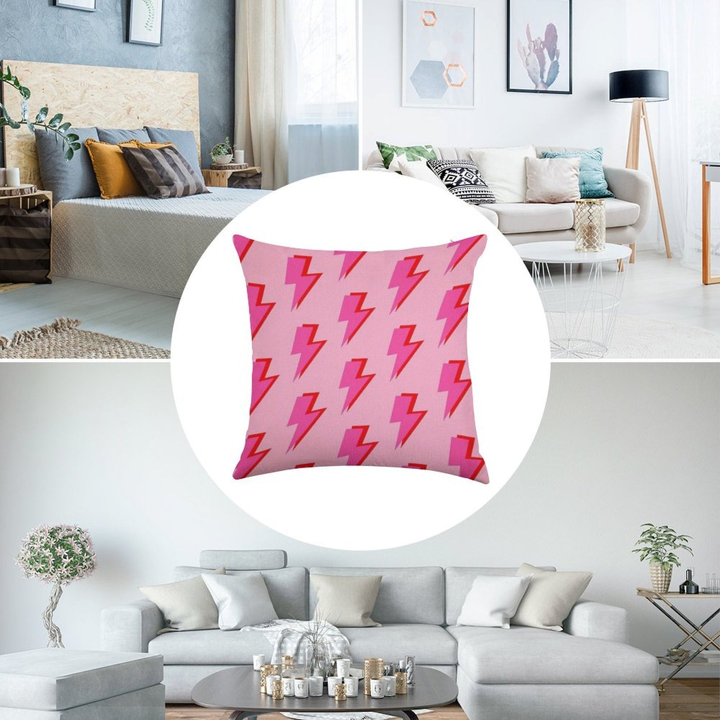 Pink And Red Lightning on Pink Linen Throw Pillow Cover
