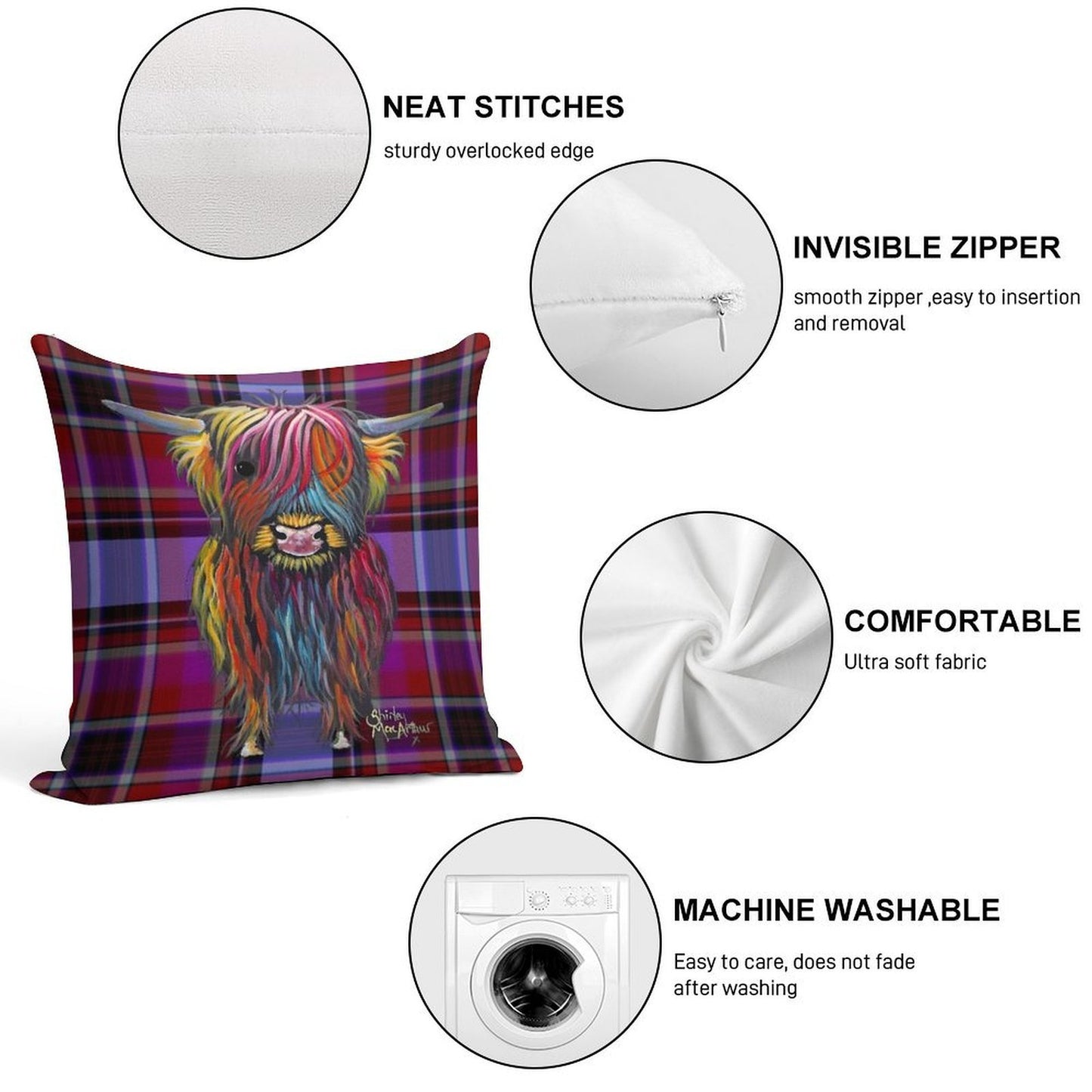 SCoTTiSH HiGHLaND CoW ' TaRTaN BRaVe ONe ' by SHiRLeY MacARTHuR Soft Ultra-Soft Texture Throw Pillow