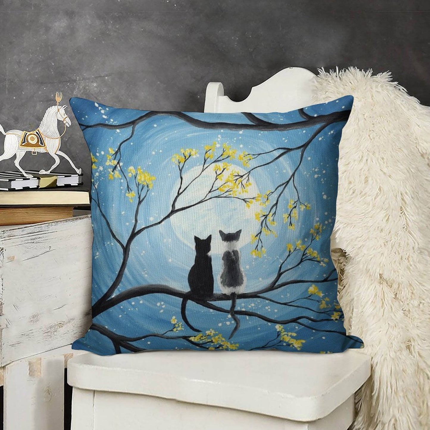 Cats Full Moon Linen Throw Pillow Cover
