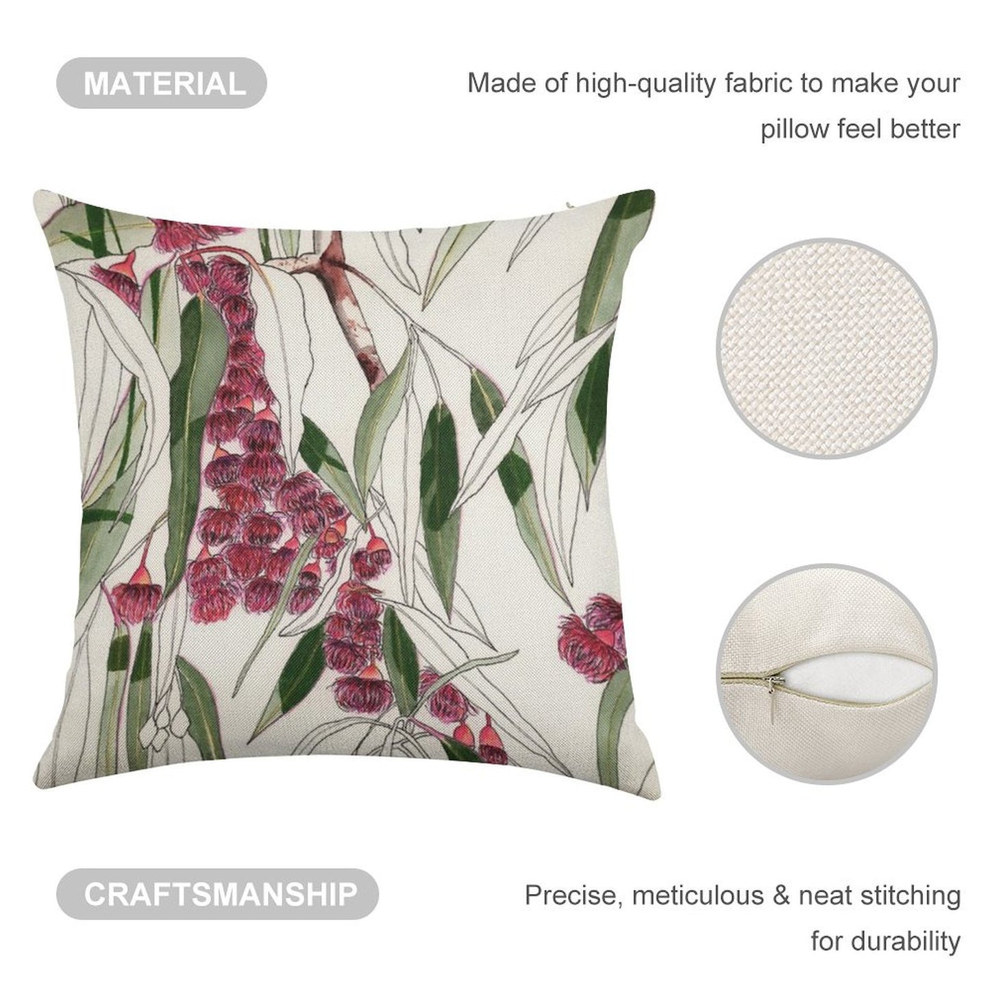 Flowering Gum Pink Australian Eucalyptus Leaves Linen Throw Pillow Cover