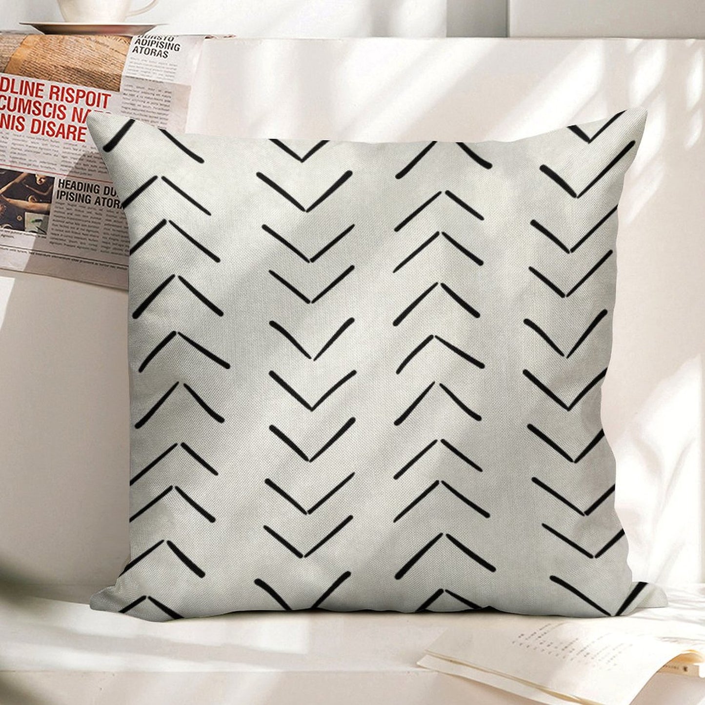 Boho Big Arrows in White And Black Linen Throw Pillow Cover