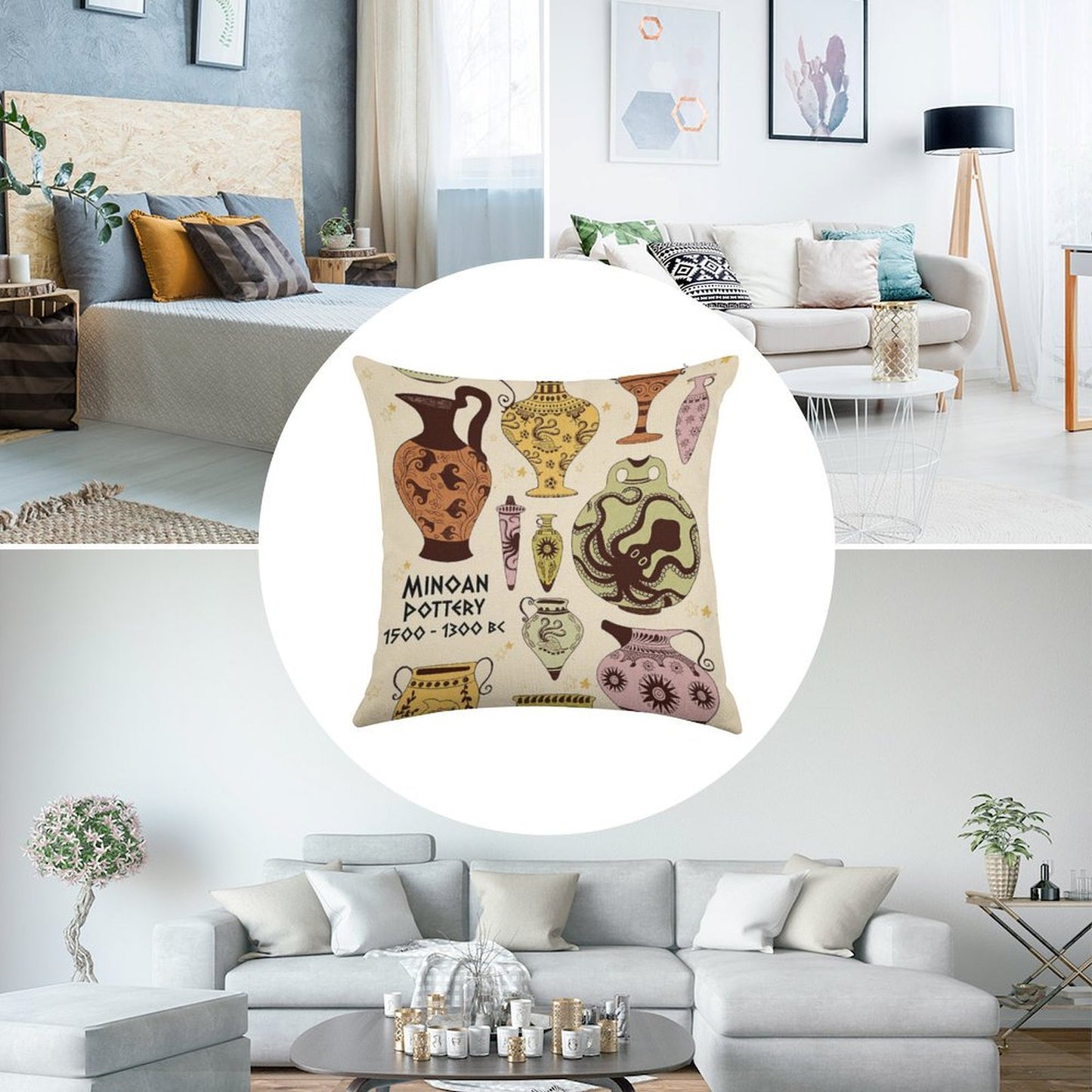 Minoan Pottery Linen Throw Pillow Cover