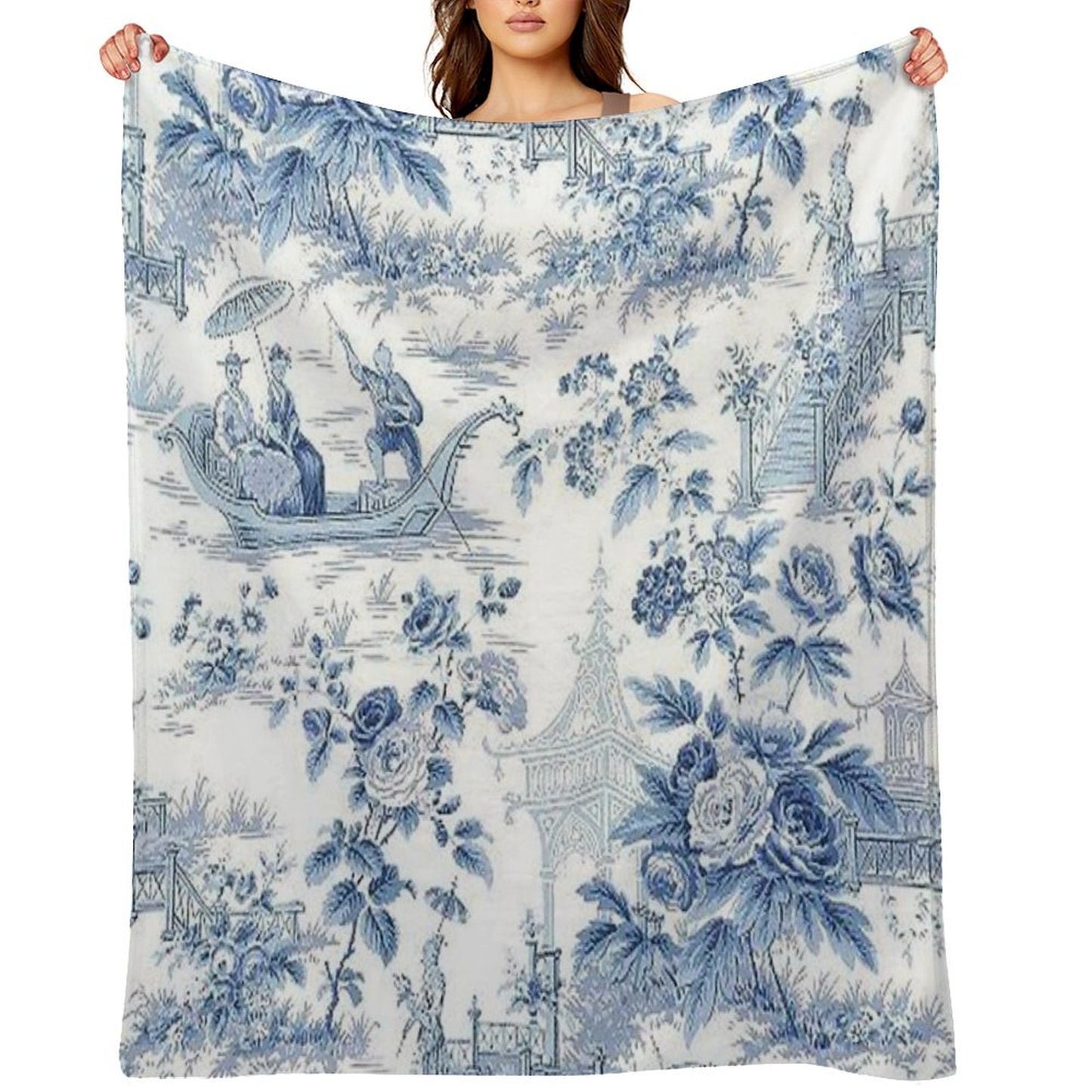 Powder Blue Chinoiserie Toile Throw Blanket