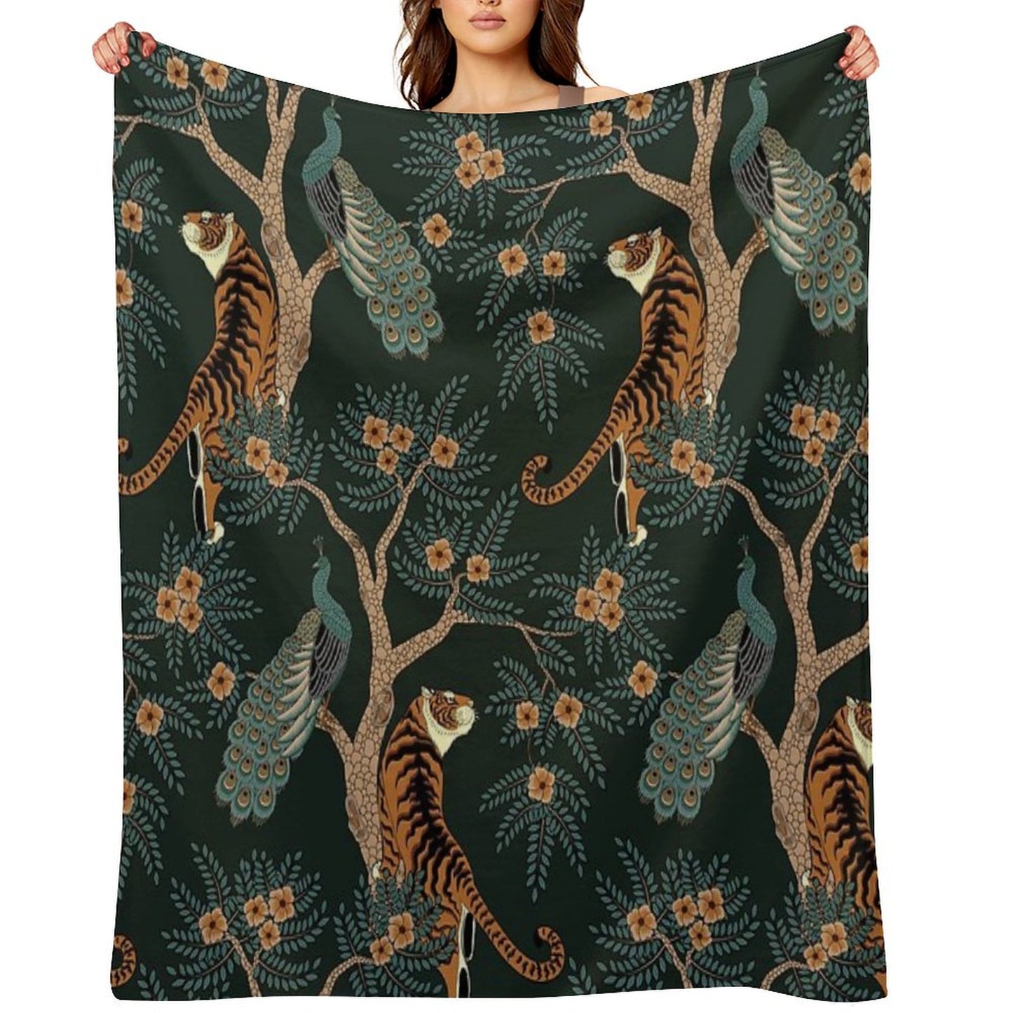 Vintage Tiger And Peacock in The Jungle Throw Blanket