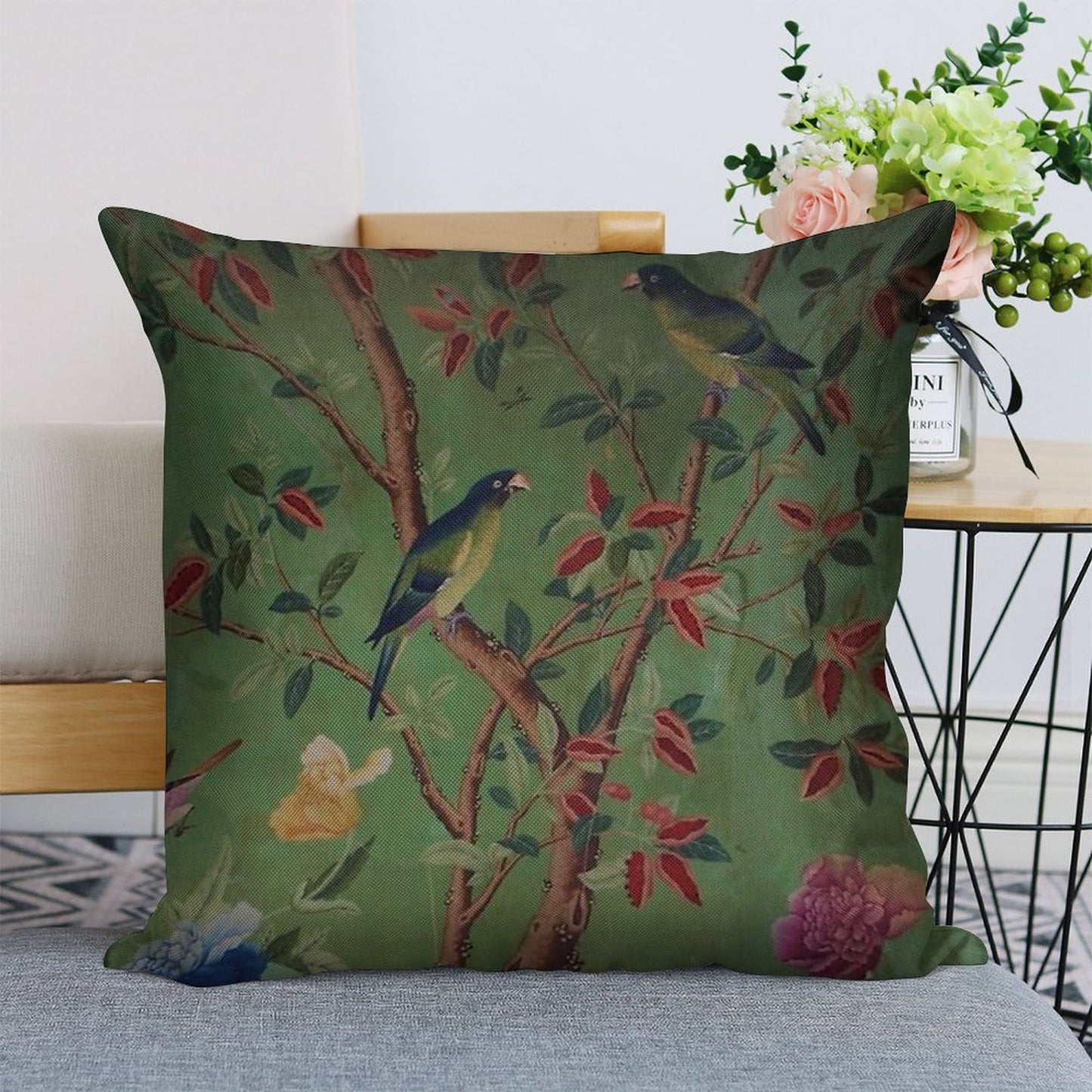 Green Dream Chinoiserie Linen Throw Pillow Cover