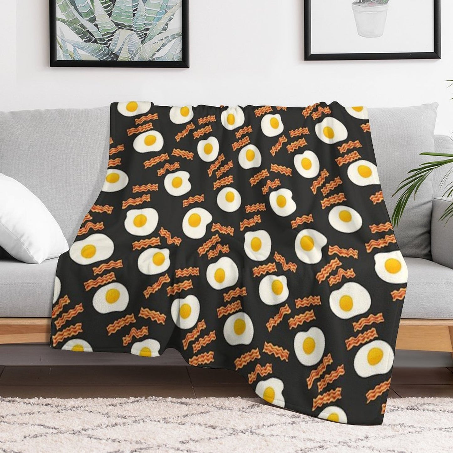 Breakfast With Bacon And Eggs Seamless Vector Pattern Dark Throw Blanket
