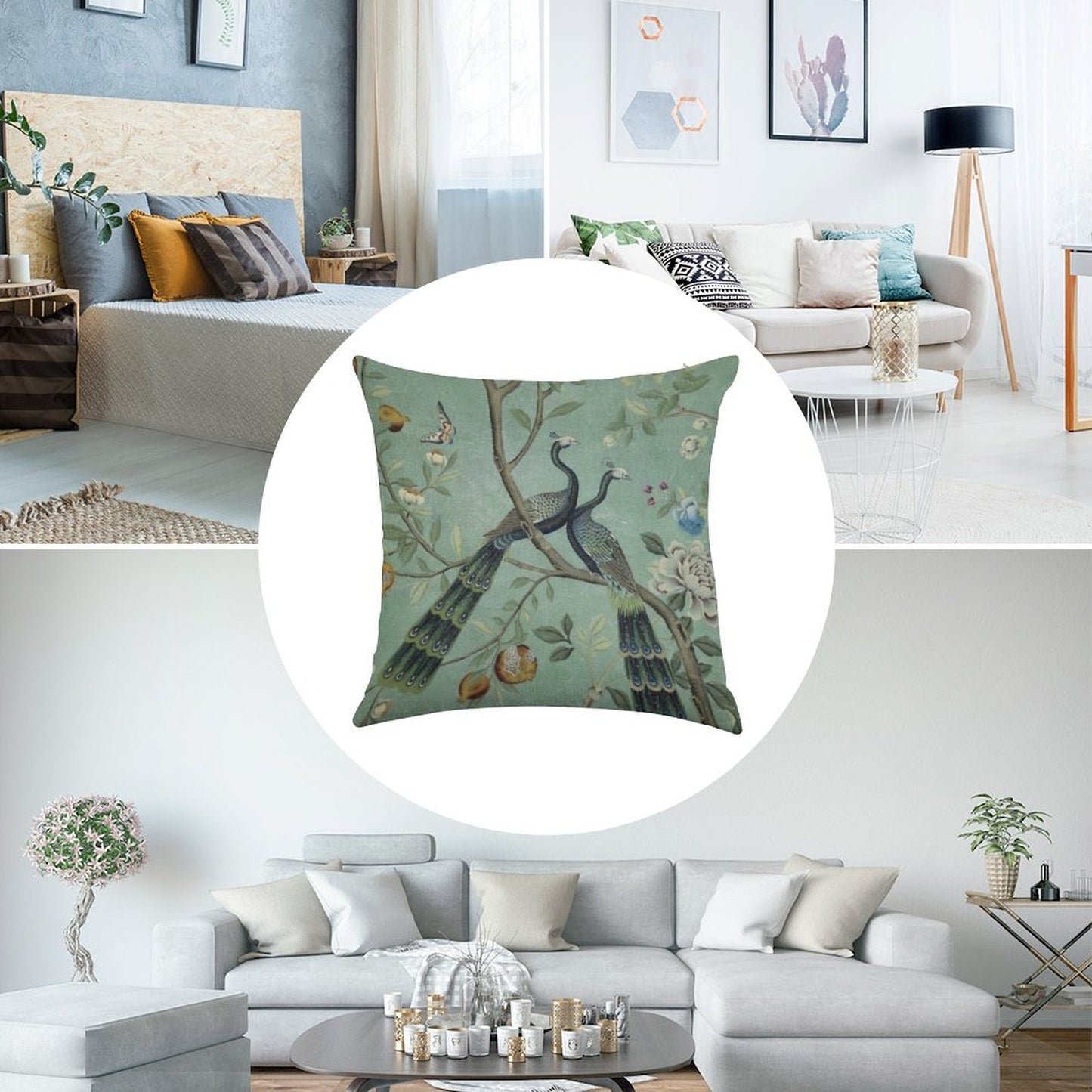 A Teal of Two Birds Chinoiserie Linen Throw Pillow Cover