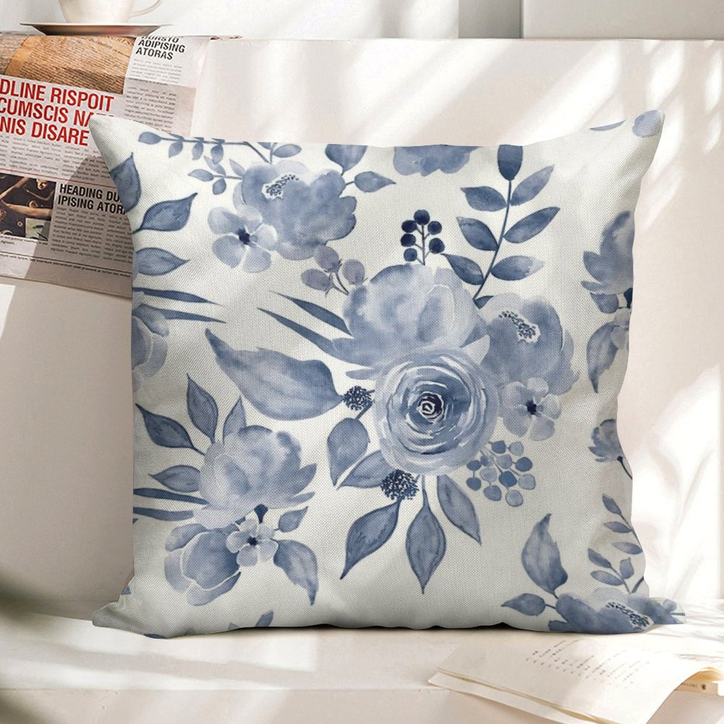 Hamptons Style Floral Design Linen Throw Pillow Cover