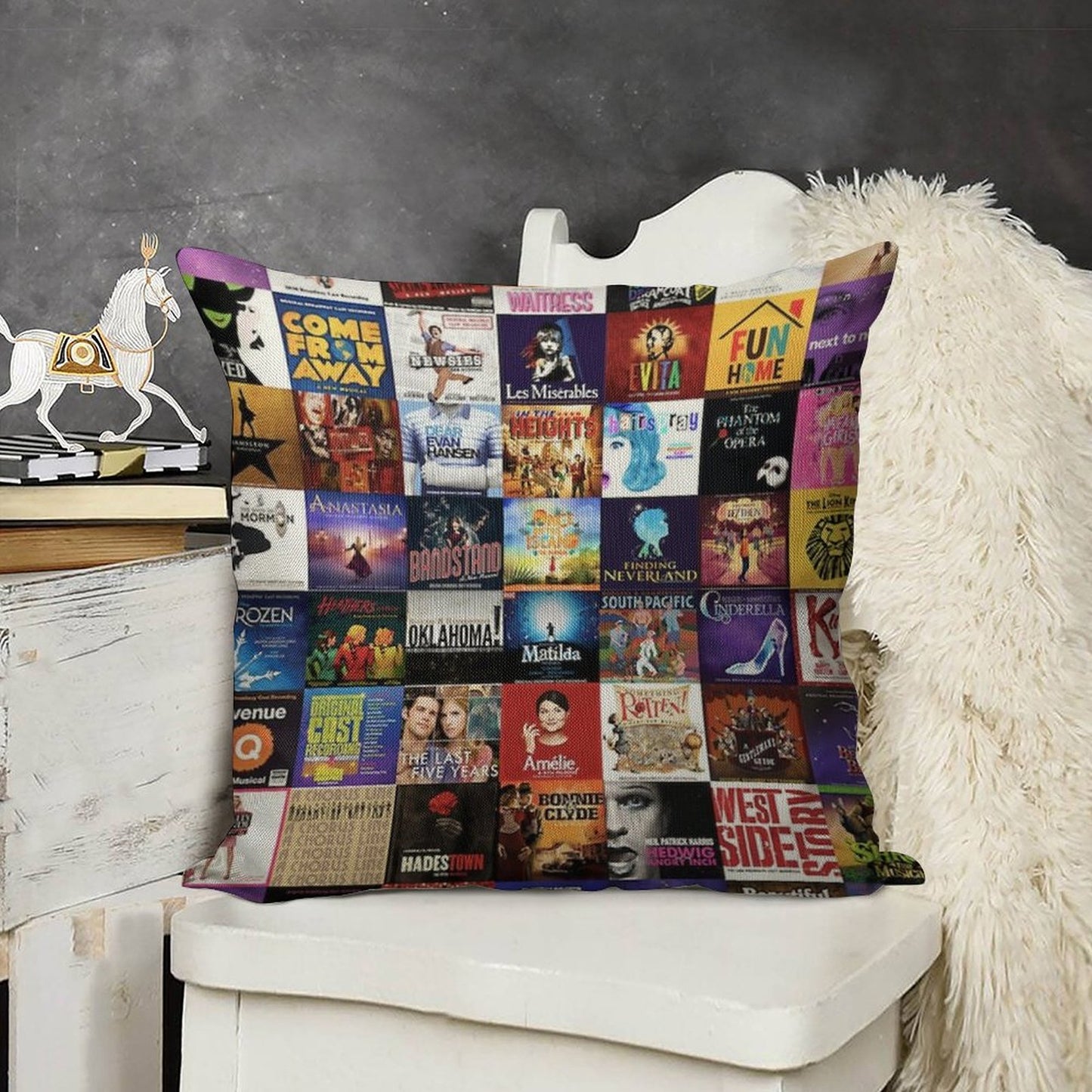 Musicals Collage Linen Throw Pillow Cover
