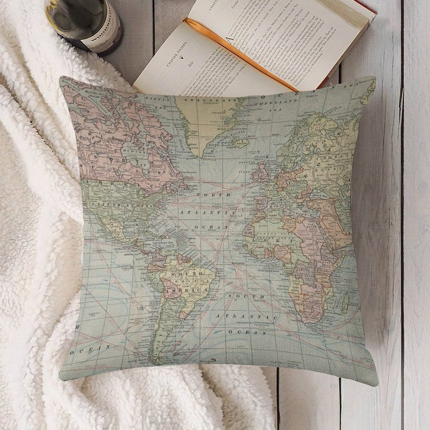 Vintage World Map Linen Throw Pillow Cover