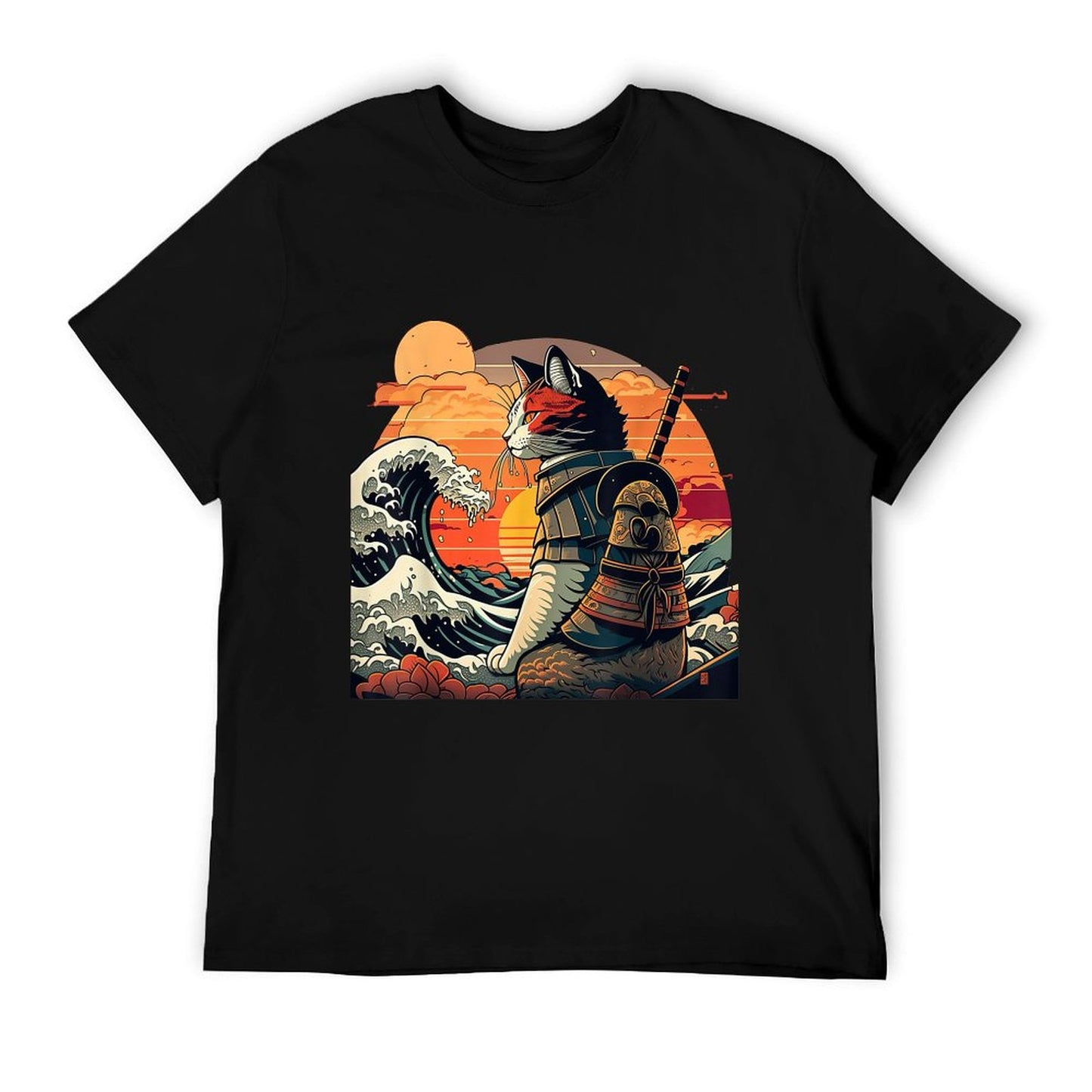 Japanese Retro Samurai Cat The Great Wave by Hokusai T-Shirt
