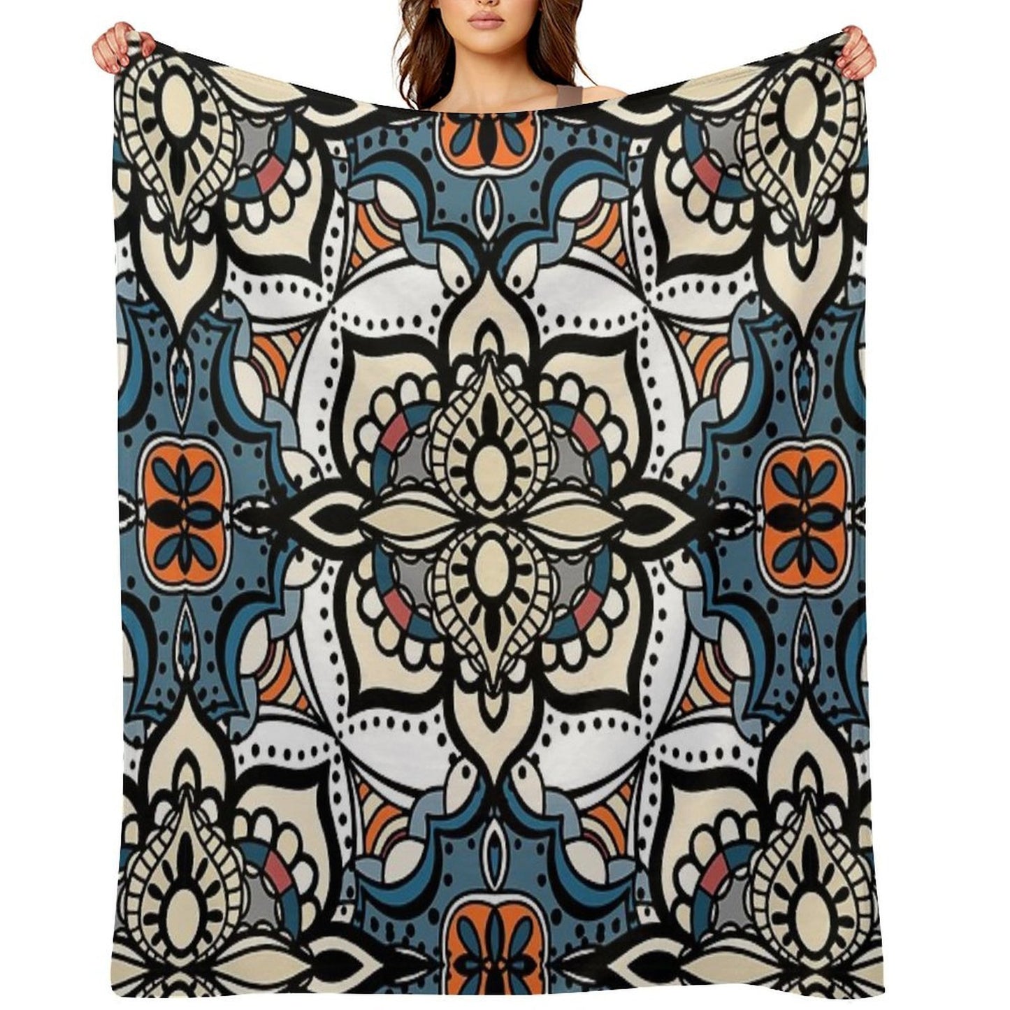 Abstract Renaissance Geometrical Flowers, Mosaic Floral Fantasy Pattern Throw Blanket
