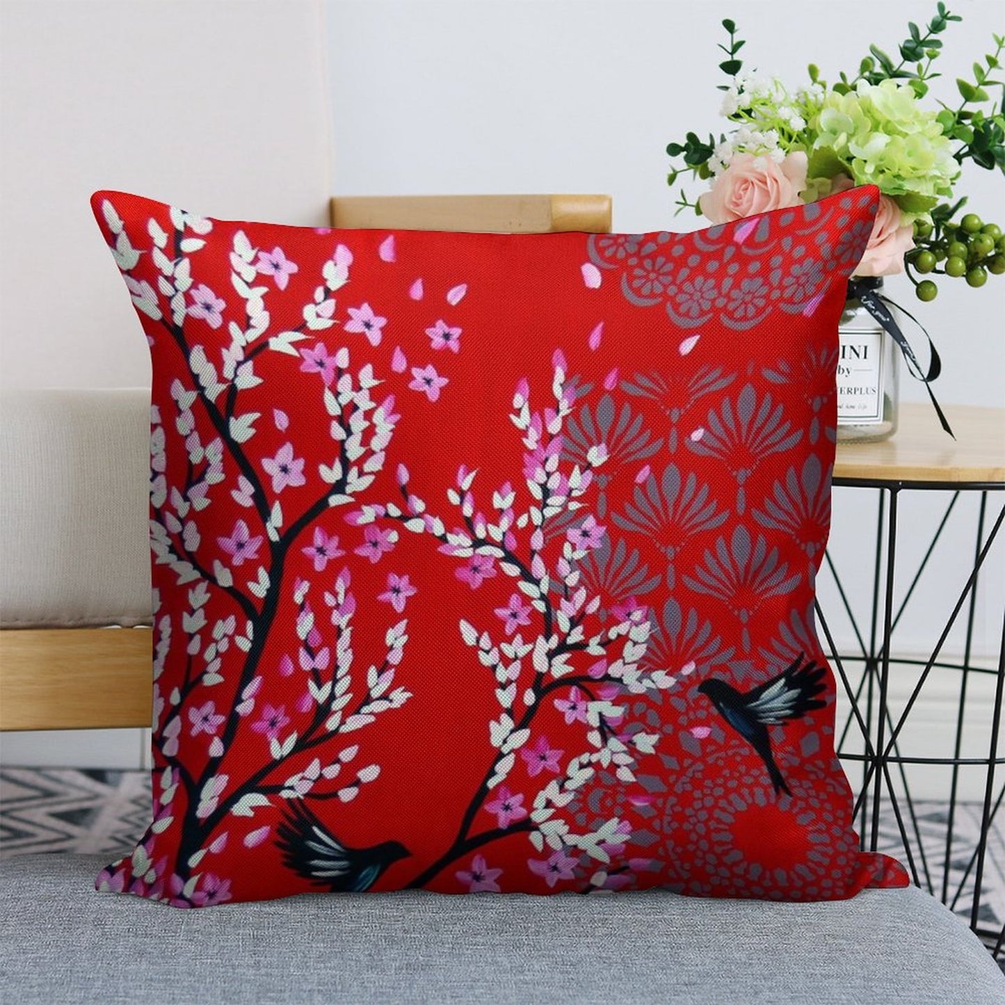 Red Cherry Blossom Linen Throw Pillow Cover