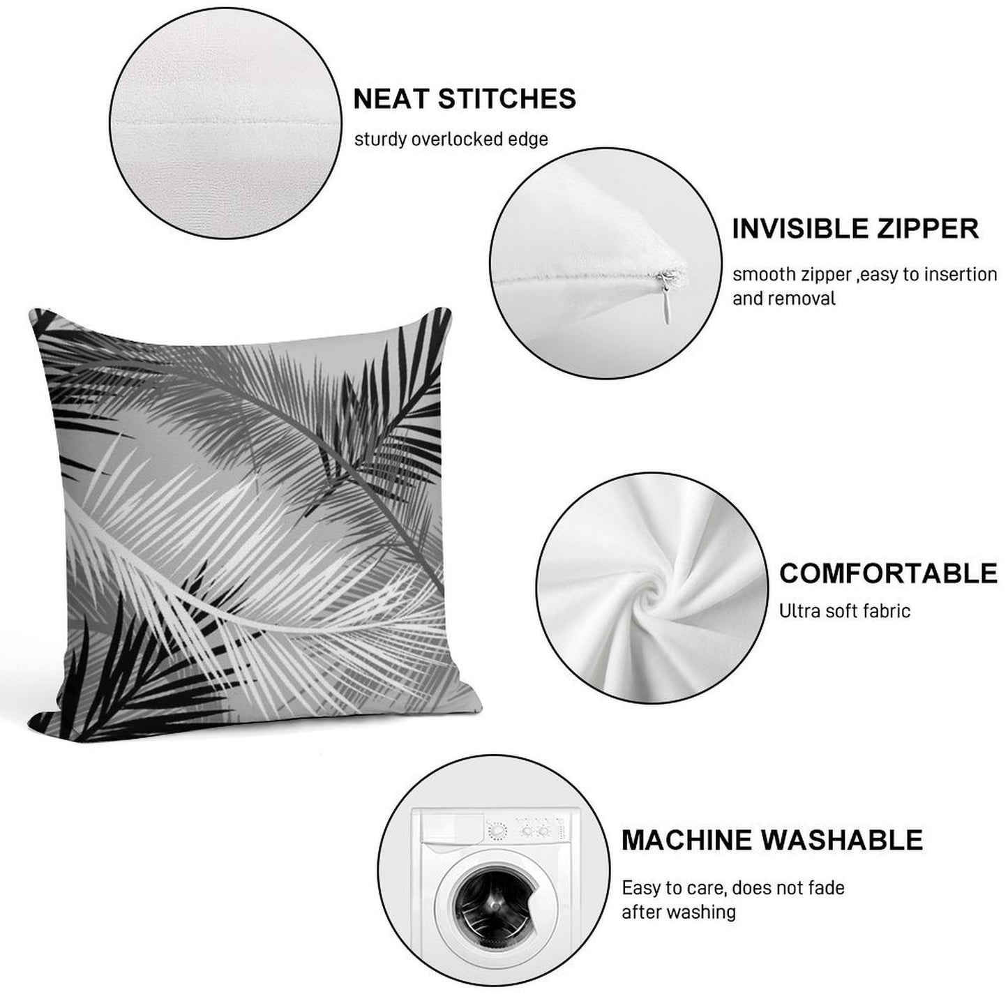 Palm Leaf Print, Gray, Black And White Soft Luxury Feel Throw Pillow