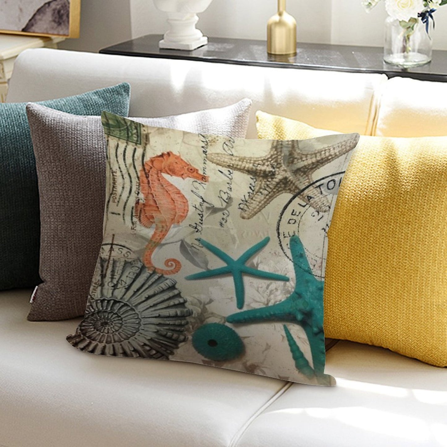 Dark Academia Coastal Seashell Teal Starfish Seahorse Ocean Beach Soft Short Plush Fabric Throw Pillow