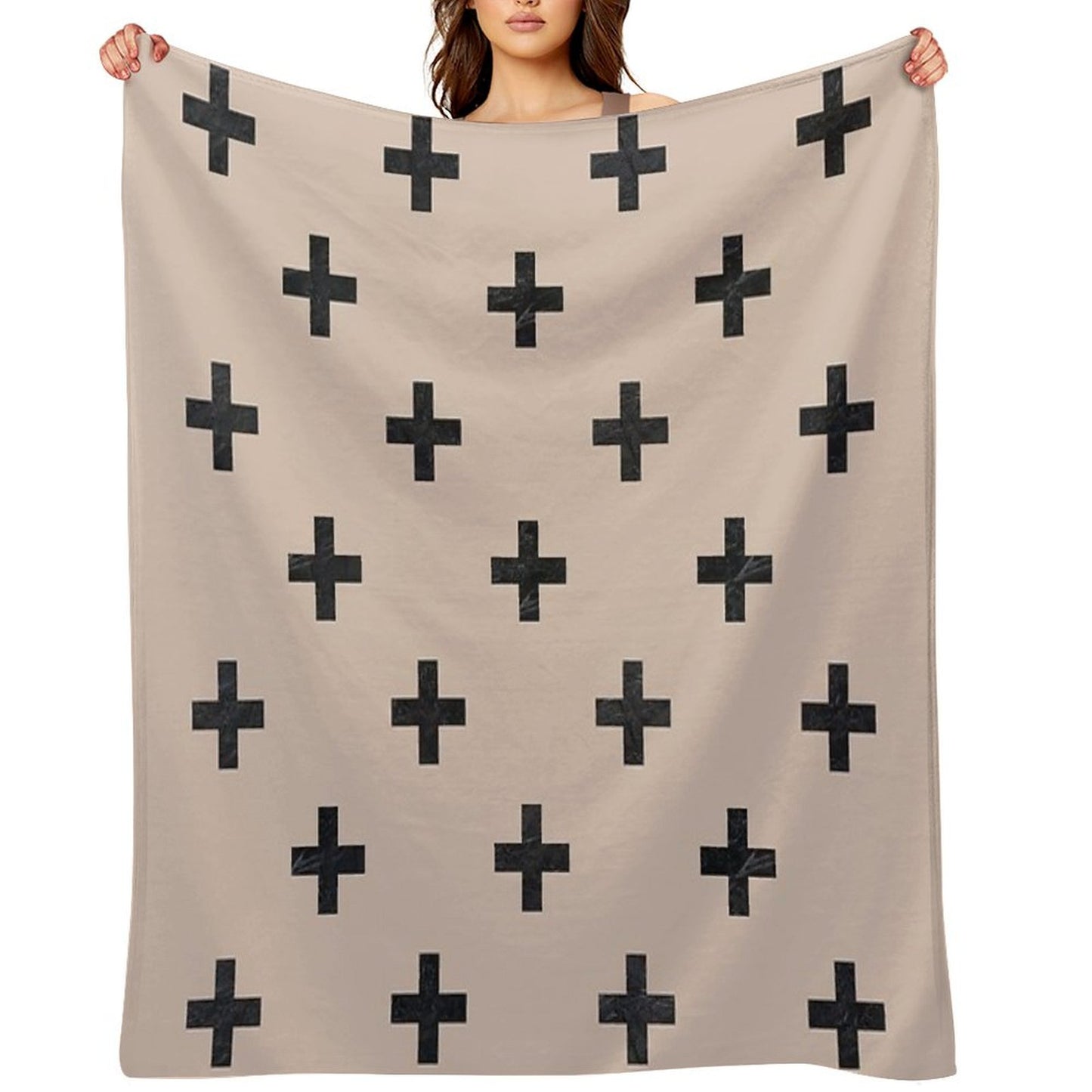Beige And Black Textured Swiss Cross Pattern Throw Blanket