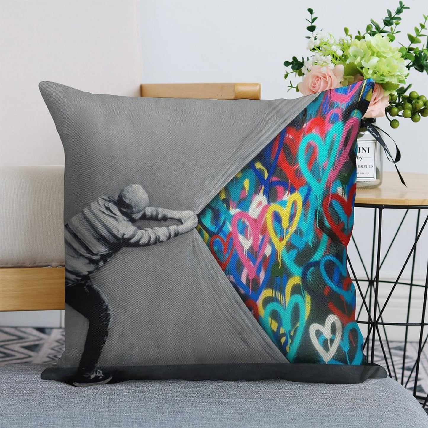 Behind The Curtain Graffiti Hearts Spray Paint Art Linen Throw Pillow Cover