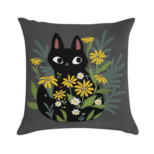 Black Cat with Flowers Soft Fade-Resistant Throw Pillow