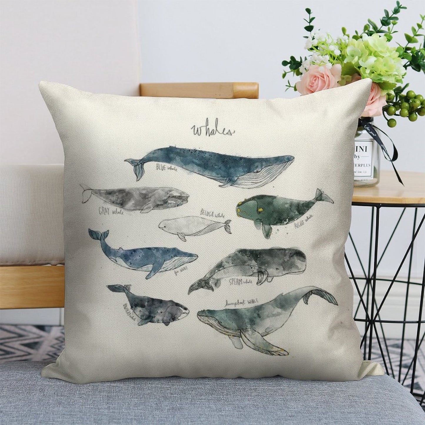 Whales Linen Throw Pillow Cover