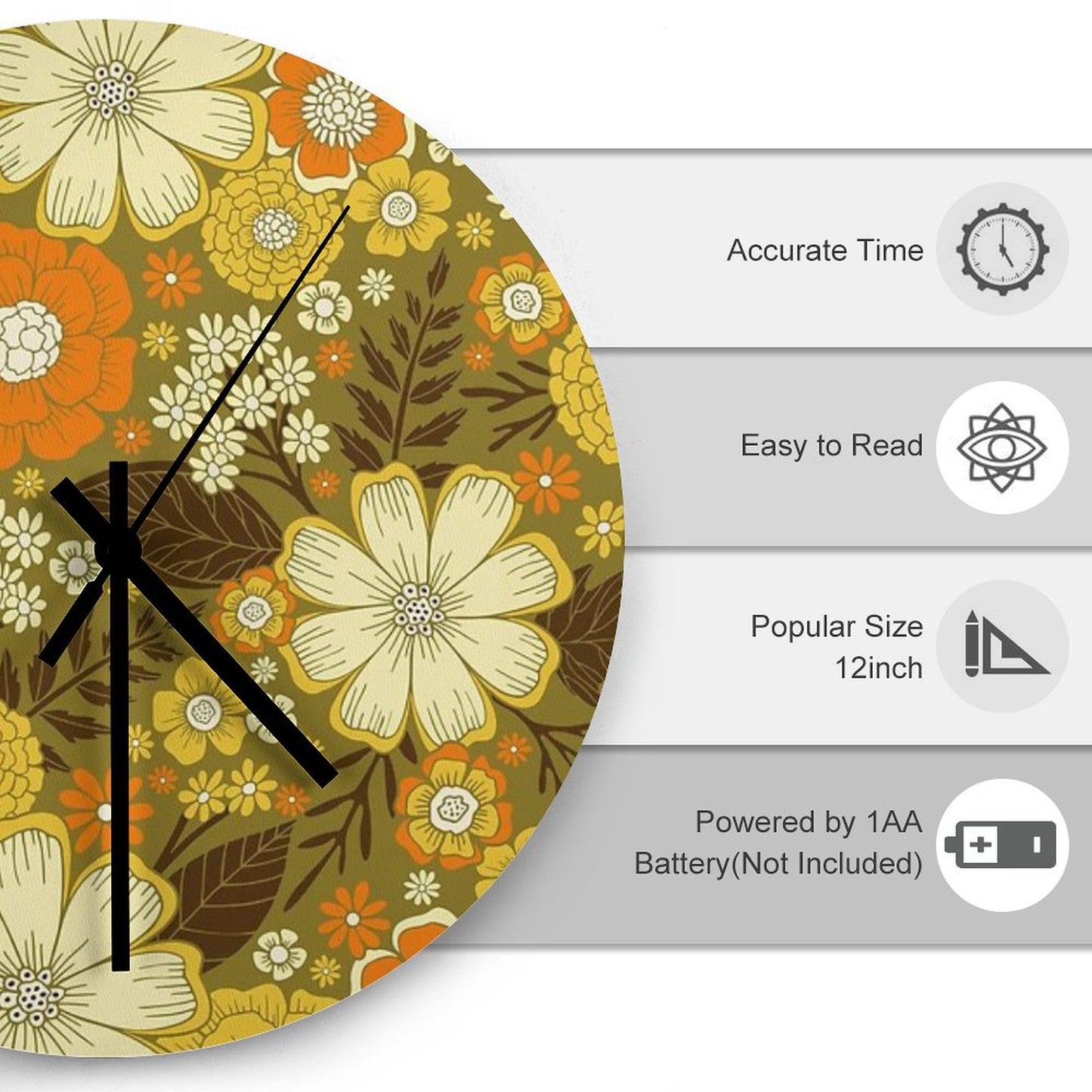 1970s RetroVintage Floral Pattern Wall Clock