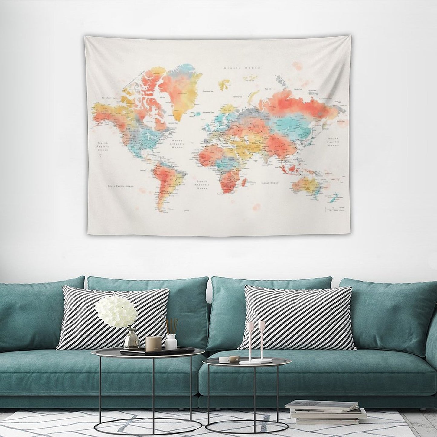 Colorful Watercolor Detailed World Map Tapestry
