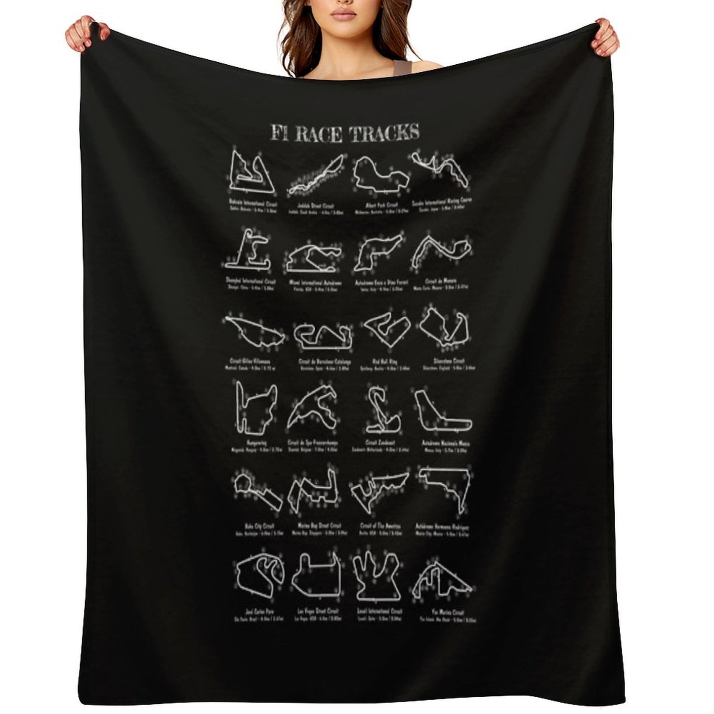 F-1 Race Tracks Vertical (White Stencil - No Background) Throw Blanket