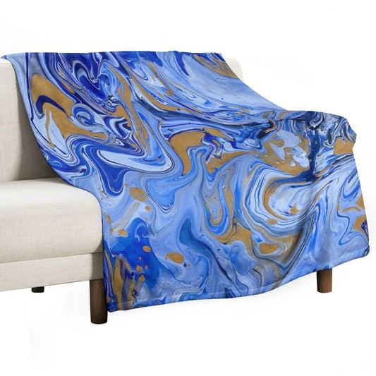 Blue And Gold Sky Swirl Acrylic Painted Art Throw Blanket