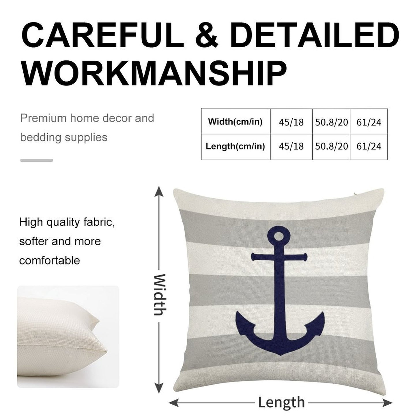 Nautical Navy Blue Anchor On Gray Stripes Linen Throw Pillow Cover