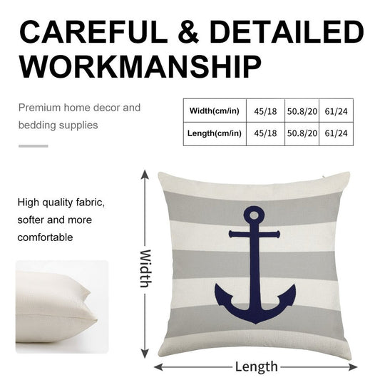 Nautical Navy Blue Anchor On Gray Stripes Linen Throw Pillow Cover