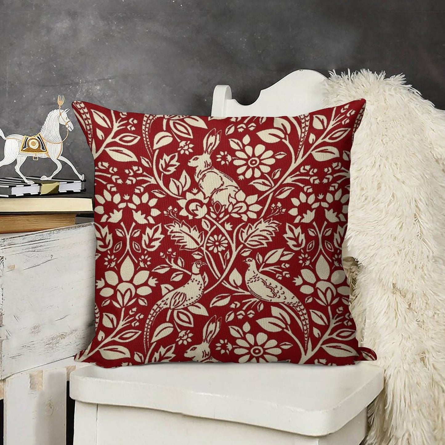 Pheasant And Hare Pattern, Deep Red And Cream Linen Throw Pillow Cover