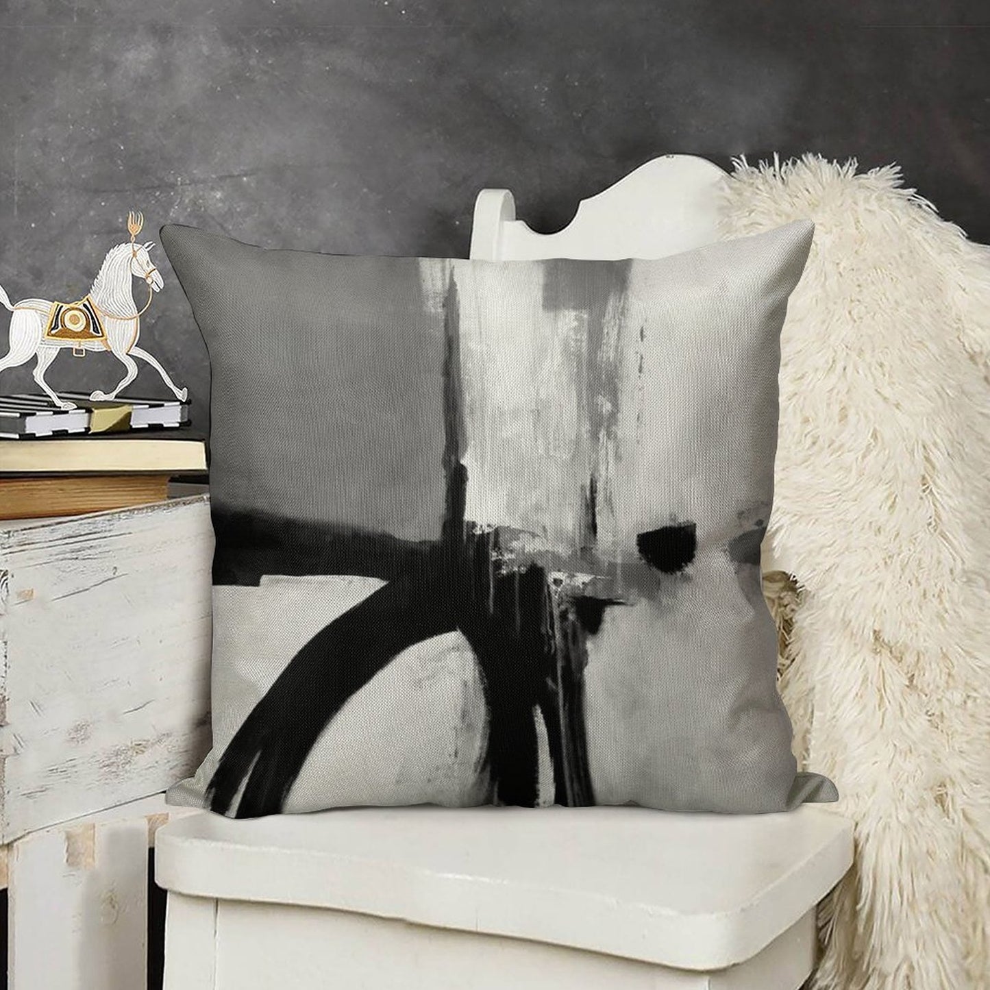 Black White Grey Abstract Linen Throw Pillow Cover
