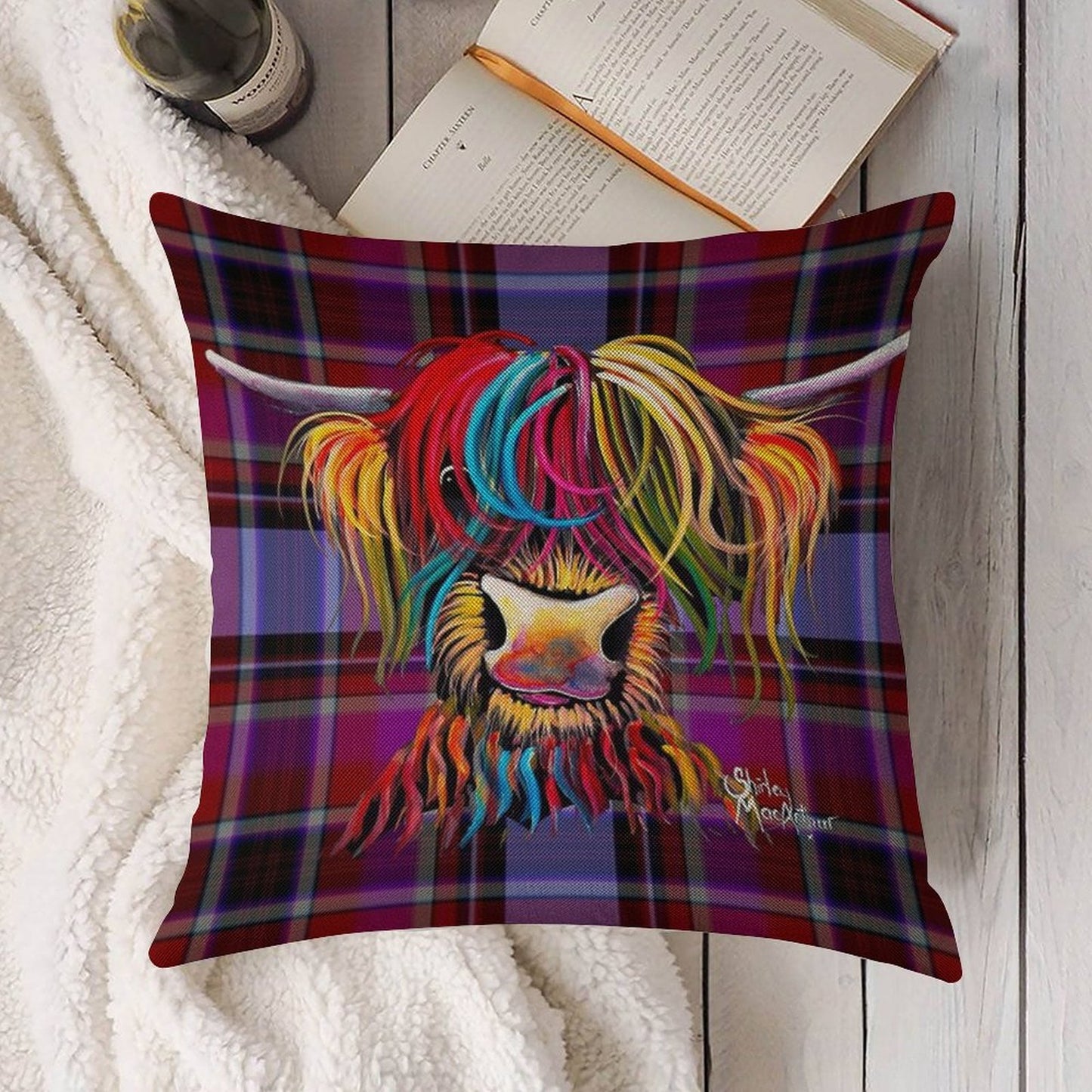 SCoTTiSH HiGHLaND CoW ' TaRTaN NeLLY P ' by SHiRLeY MacARTHuR Linen Throw Pillow Cover