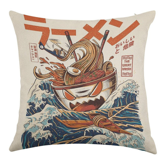 The Great Ramen Off Kanagawa Linen Throw Pillow Cover