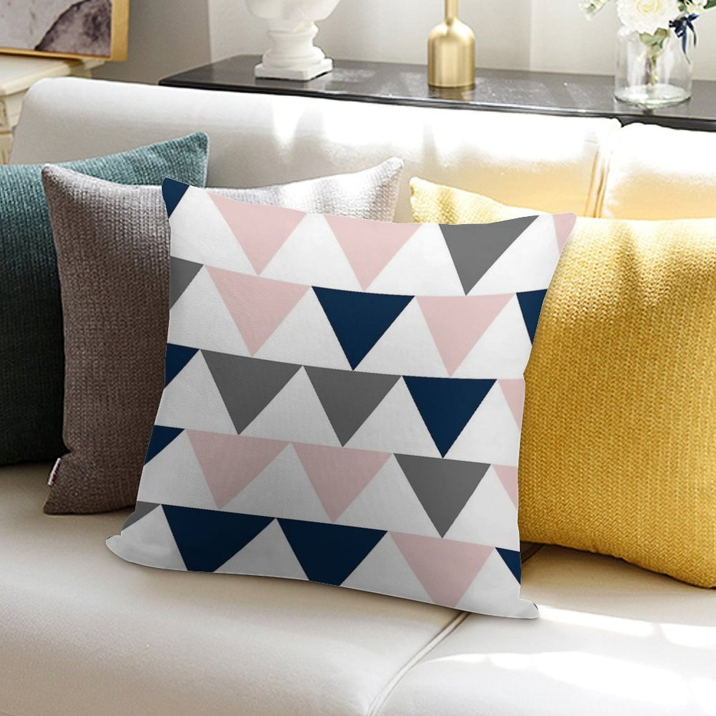 Arrows in Navy Blue, Charcoal Grey, And Blush Pink on White. Minimalist Geometric Contemporary Design Soft High-Density Material Throw Pillow