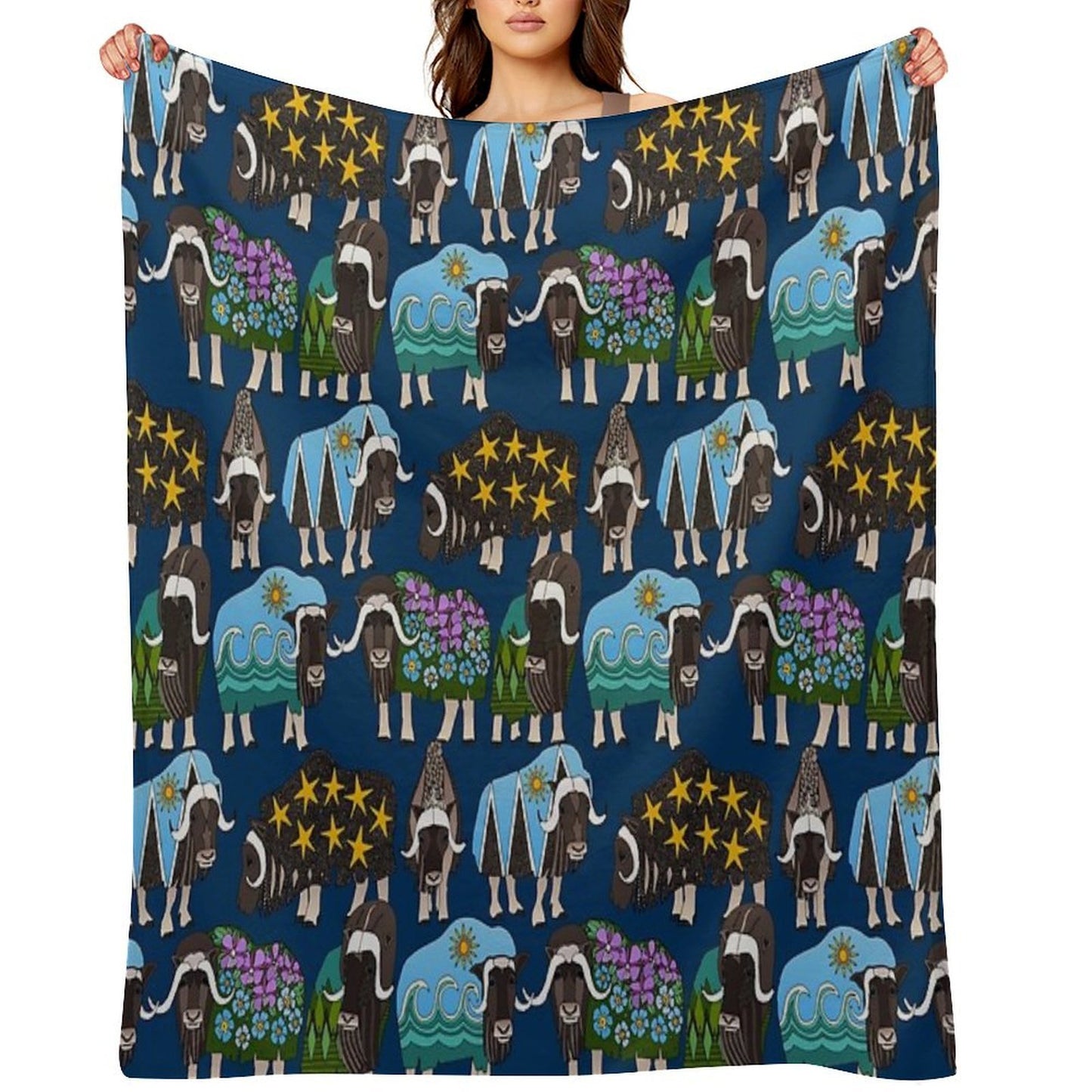 Alaskan Musk Ox Blue Throw Blanket