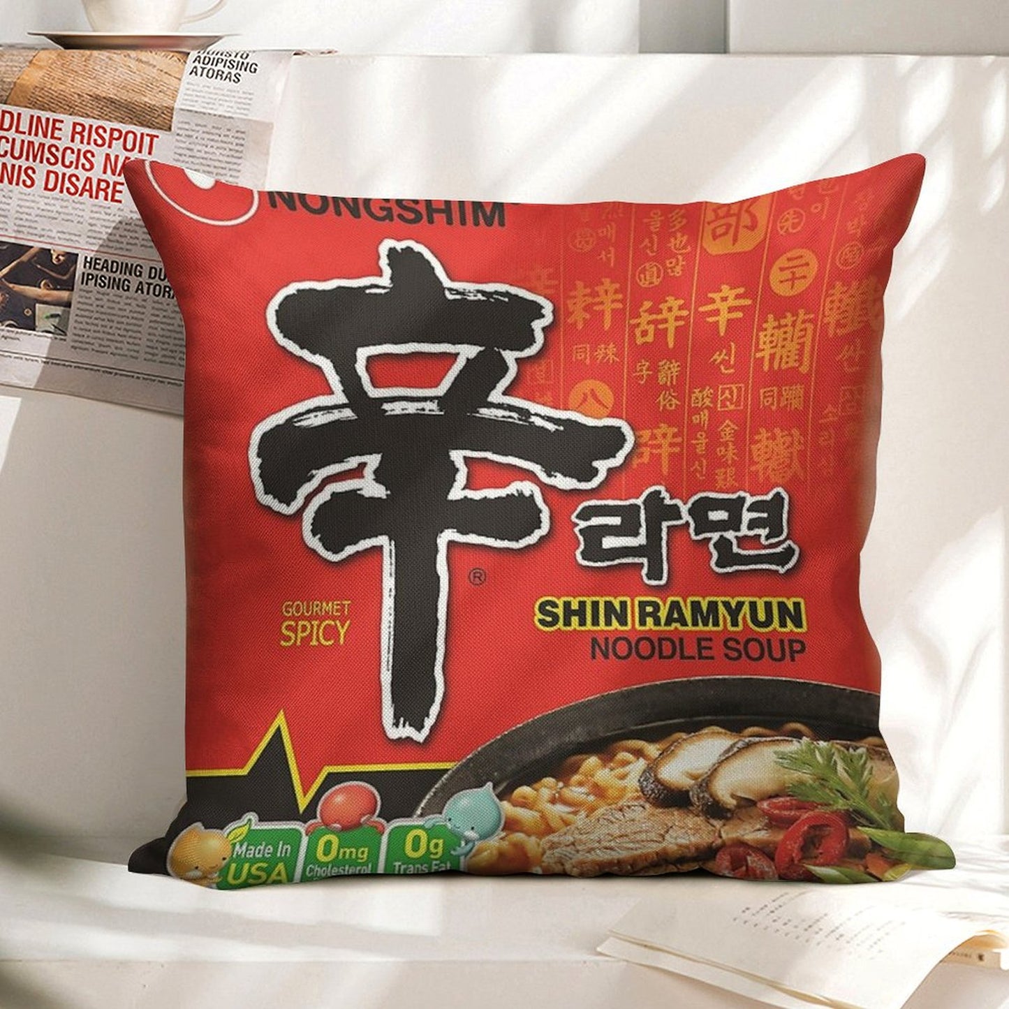 Nongshim Shin Ramyun (Spicy) Linen Throw Pillow Cover