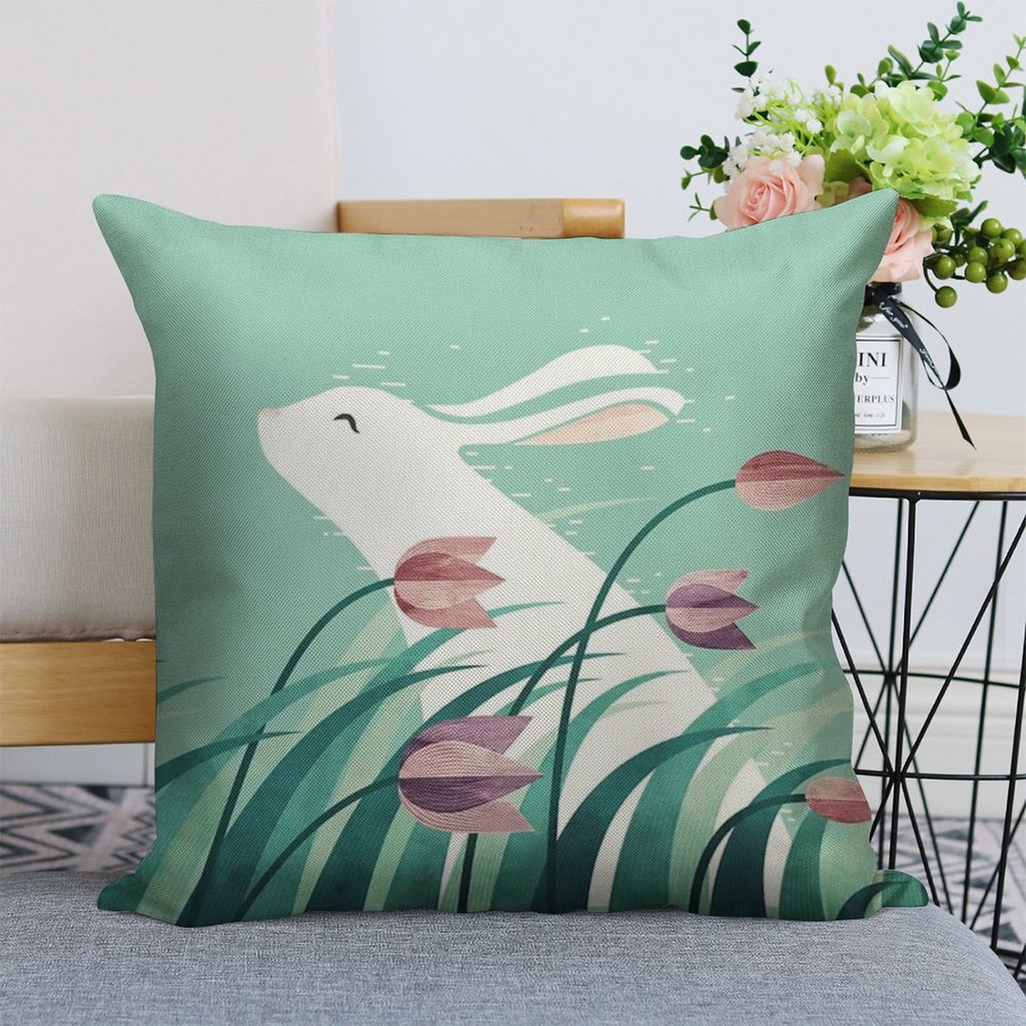 Rabbit, Resting Linen Throw Pillow Cover
