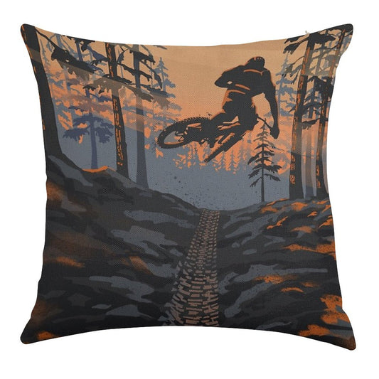 Retro Styled Mountain Biking Dirt Jumper Sunset Linen Throw Pillow Cover