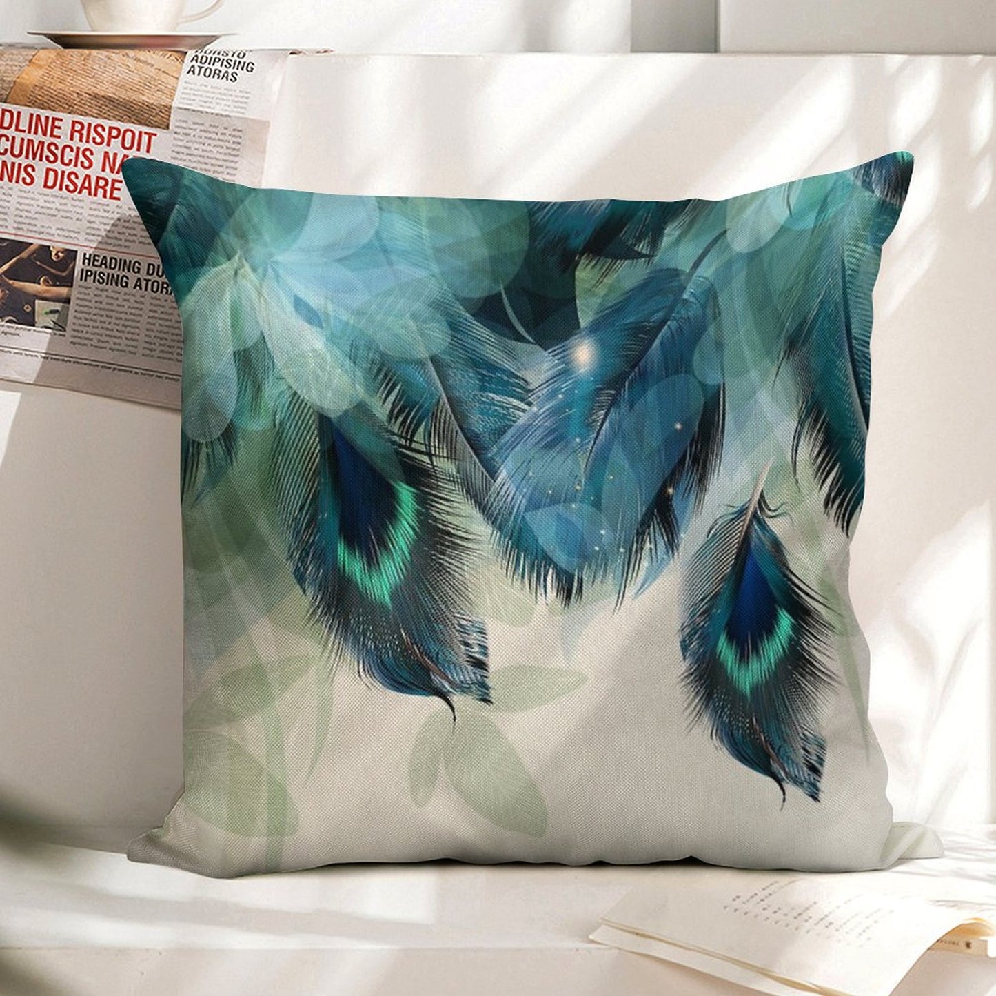 Peacock Feathers Turquoise Linen Throw Pillow Cover