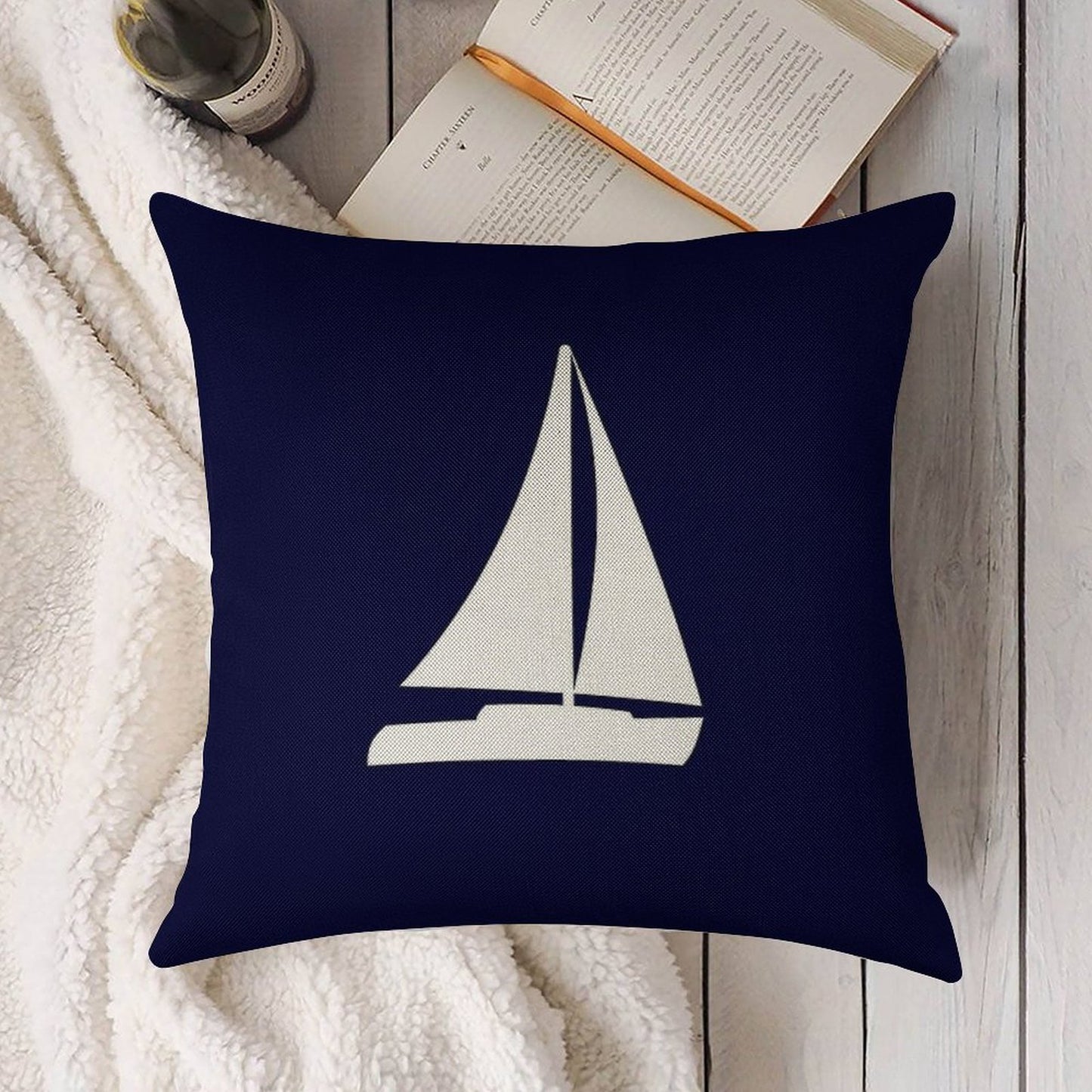 Sailboat Silhouette On Navy Blue Linen Throw Pillow Cover