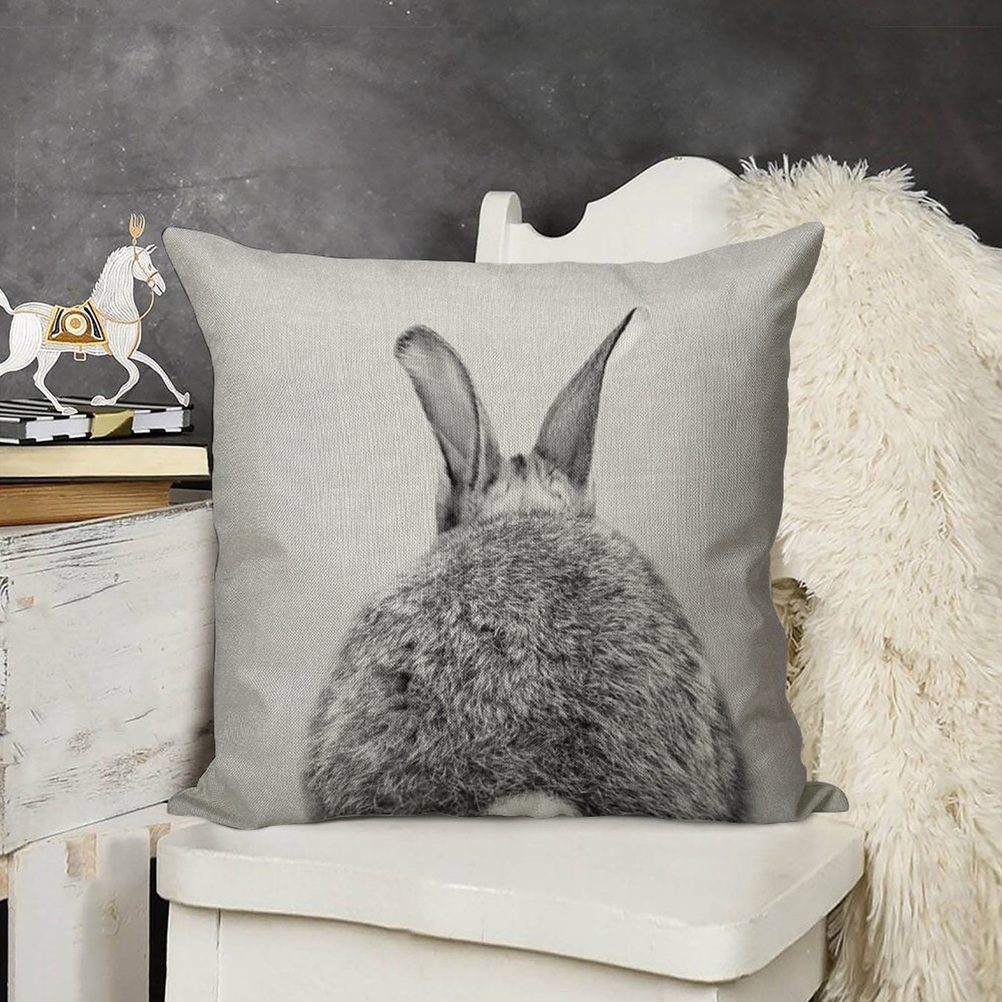 Rabbit Tail - Black & White Linen Throw Pillow Cover