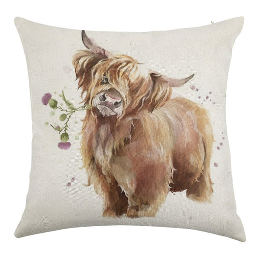 Highland Cow Linen Throw Pillow Cover