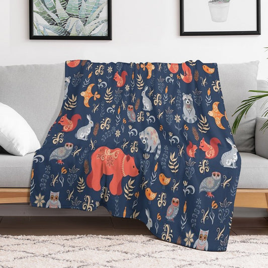 Fairy-tale Forest. Fox, Bear, Raccoon, Owls, Rabbits, Flowers And Herbs on A Blue Background. Throw Blanket