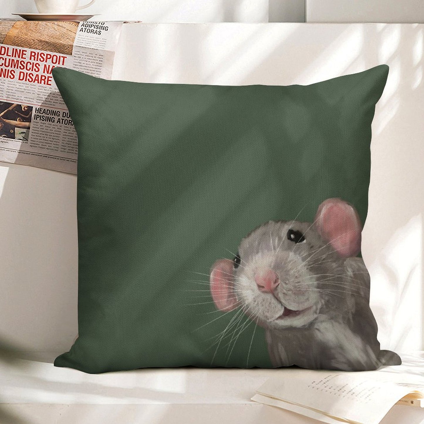 The Peeking Rat (Green) Linen Throw Pillow Cover