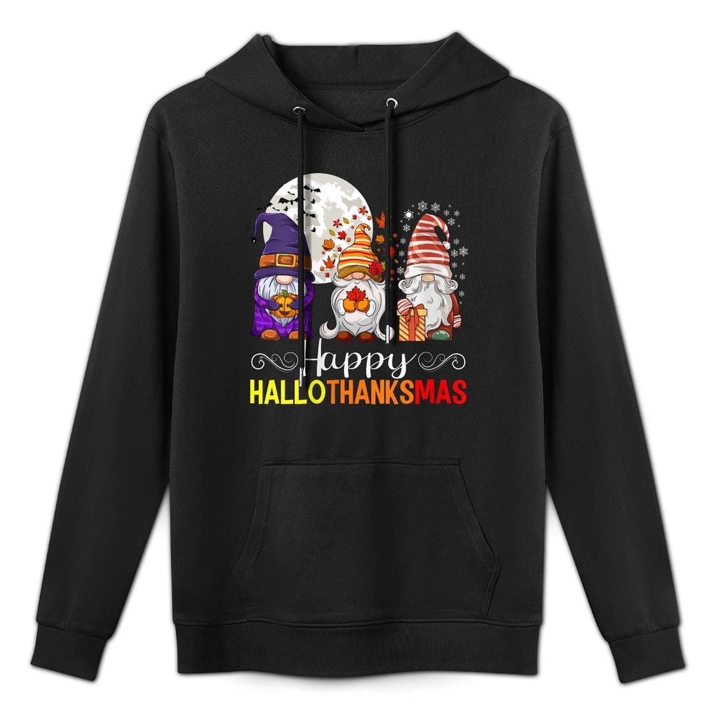 Womens Halloween Thanksgiving Christmas Happy HalloThanksMas Gnomes Relaxed Fit Hoodie