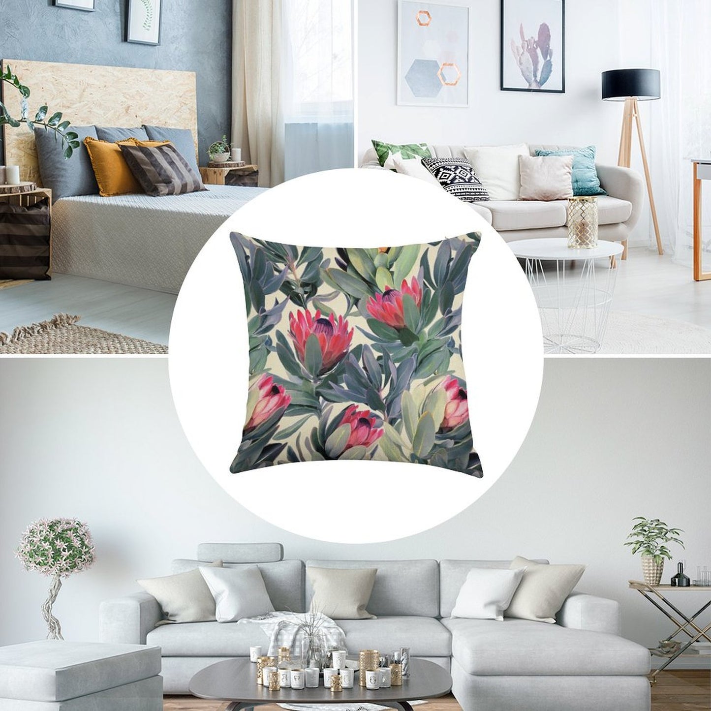 Painted Protea Pattern Linen Throw Pillow Cover