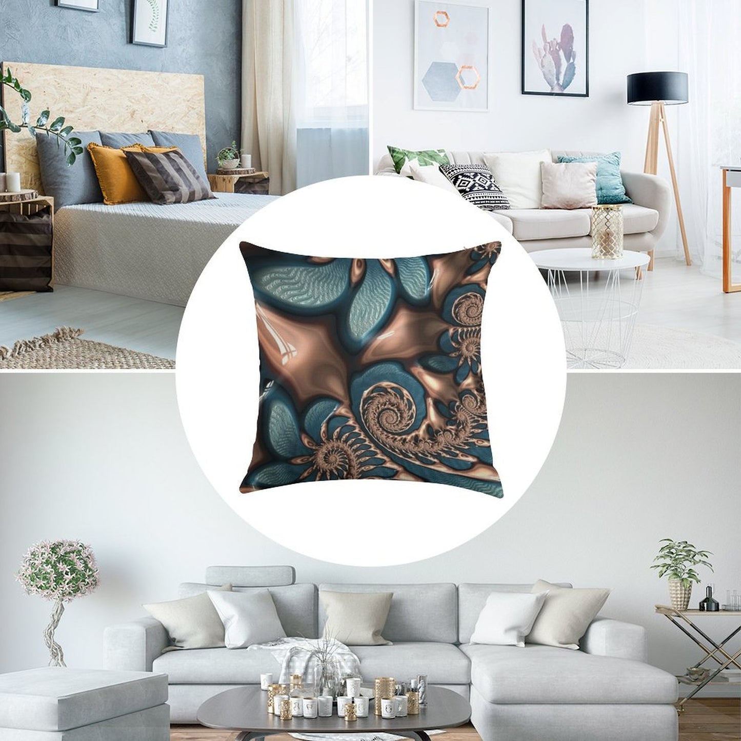 Teal And Chocolate Swirl - Blue Brown Fractal Spirals Linen Throw Pillow Cover