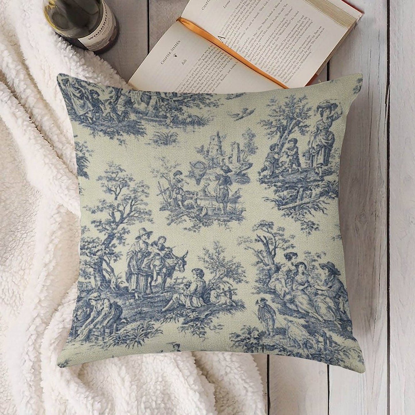 Powder Blue French Toile Picnic Designs Linen Throw Pillow Cover